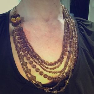 Beaded Necklace, Brown/Citrine/Gold, ~26”-30” long